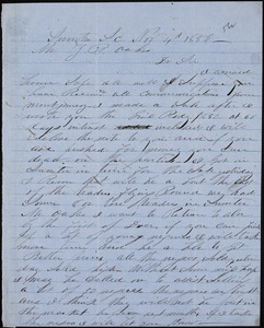 A. J. McElveen, Sumter, S.C., autograph letter signed to Ziba B. Oakes, 4 November 1856