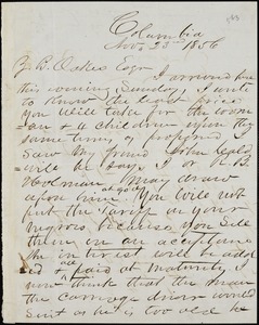 H.H. Kinard, Columbia, S.C., autograph letter signed to Ziba B. Oakes, 23 November 1856