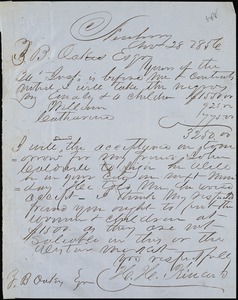 H. H. Kinard, Newberry, S.C., autograph letter signed to Ziba B. Oakes, 28 November 1856