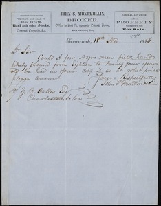 John S. Montmollin, Savannah, Ga., autograph note signed to Ziba B. Oakes, 18 November 1856