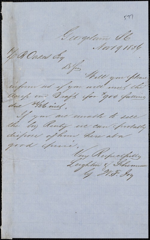 Leighton & Sherman (W.F. Joy), Georgetown, Manuscript Note Signed To ...