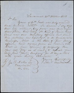 John S. Montmollin, Savannah, Ga., autograph note signed to Ziba B. Oakes, 30 October 1856