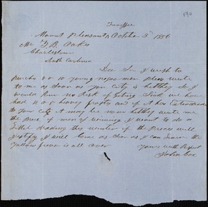 John Cox, Mount Pleasant, Tenn., autograph note signed to Ziba B. Oakes, 3 October 1856