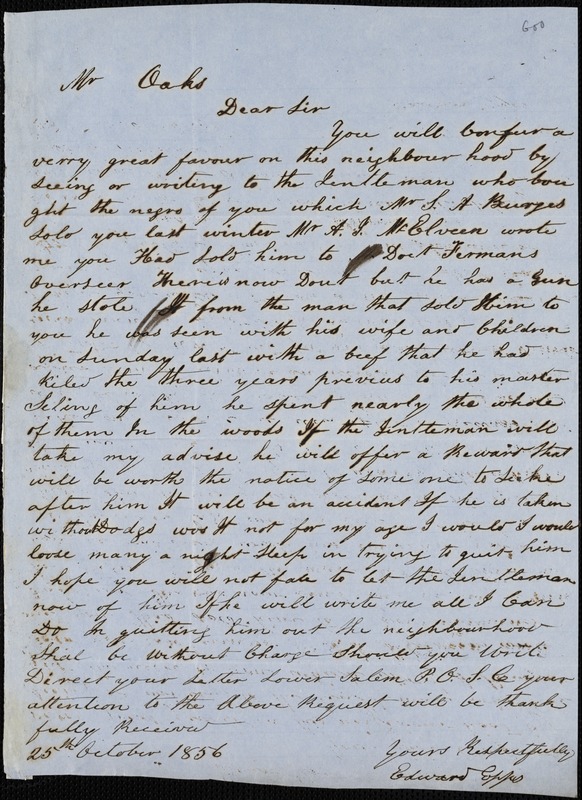 Edward Epps, [Lower Salem Post Office], autograph letter signed to Ziba