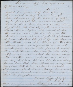 William L. Cox, Miss., autograph letter signed to Ziba B. Oakes, 29 September 1856