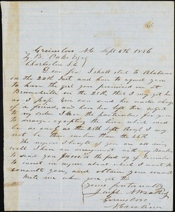 Joseph A. Weatherby, Greensboro, N.C., autograph note signed to Ziba B. Oakes, 6 September 1856