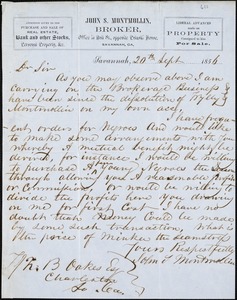 John S. Montmollin, Savannah, Ga., autograph letter signed to Ziba B. Oakes, 20 September 1856