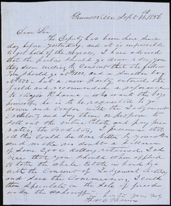 Theodore C. Tharin, Grumesville, S.C., autograph letter signed to [Ziba B. Oakes], 11 September 1856