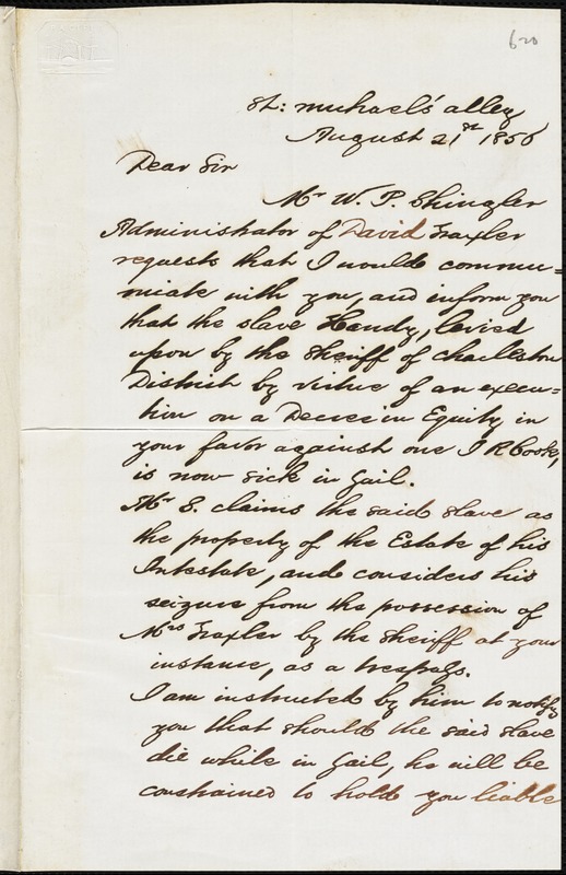 H. Buist, [Charleston, S.C.], Autograph Letter Signed To Ziba B. Oakes ...