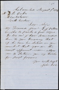 John Cox, Columbia, S.C., autograph note signed to Ziba B. Oakes, 7 August 1856