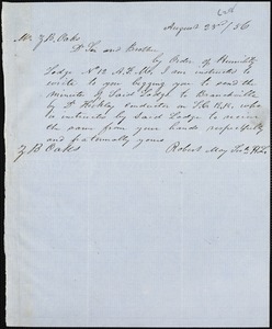 Freemasons, South Carolin Humility Lodge (Robert May, Secretary), [Branchville, S.C.?] manuscript note signed to Ziba B. Oakes, 23 August 1856