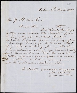 J.A. Alston, Aiken, S.C., autograph note signed to Ziba B. Oakes, 8 October 1853