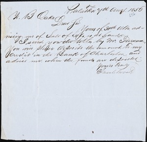 Jacob Brock, Palatka, Fla., manuscript note signed to Ziba B. Oakes, 7 August 1856
