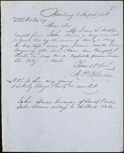 A.P. Robertson, Hamburg, Tenn. [?], autograph note signed to Ziba B. Oakes, 8 August 1856