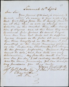 John S. Montmollin, Savannah, Ga., autograph letter signed to Ziba B. Oakes, 25 September 1856