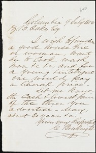 C. Bouknight, Columbia, Tenn, autograph note signed to Ziba B. Oakes, 9 July 1856