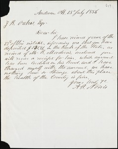 A.O. Norris, [Charleston, S.C.?], autograph note signed to Ziba B. Oakes, 25 July 1856