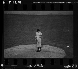 New York Yankees relief pitcher Sparky Lyle (#28) standing on the pitchers mound at Fenway Park