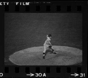 New York Yankees relief pitcher Sparky Lyle (#28) delivers a pitch from the mound at Fenway Park