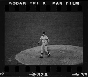 New York Yankees relief pitcher Sparky Lyle (#28) following his delivery of a pitch from the mound at Fenway Park