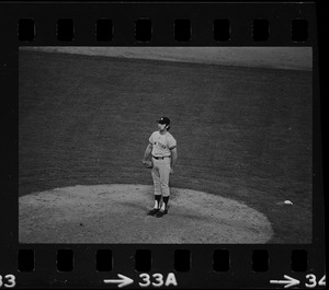 New York Yankees relief pitcher Sparky Lyle (#28) standing on the pitchers mound at Fenway Park