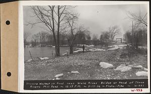 Showing washout on road near Ware River, bridge at head of Three Rivers mill pond, Three Rivers, Palmer, Mass., 12:15 PM, Mar. 13, 1936