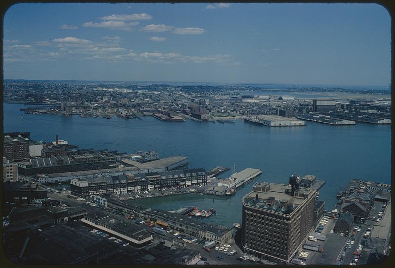 Aerial view of wharfs on harbor, Boston