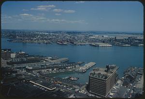 Aerial view of wharfs on harbor, Boston