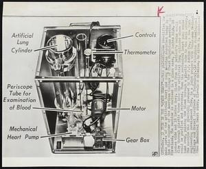 This is the "Spare Heart"--This photodiagram identifies the main parts of the artificial heart and lung machine described today to the Ohio chapter of the American College of Chest Physicians meeting in Cleveland. The machine is enclosed in a glass case, 30 inches high, 16 inches wide and 18 inches deep. Blood from the patient's veins would flow through plastic tubes into the artificial lung cylinder where it would be purified and refreshed. Then the mechanical heart pump would take over, pulsing the blood through a plastic tube to the main artery. The machine was specially produced by the J.J. Ashton Co., a New York engineering development firm, in a joint project with Hahnemann Medical College and Drexel Institute of Technology.