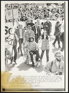 Marching for Peace--Led by a man being pushed in a wheel chair, the peace march in San Francisco gets underway this morning on the way to an afternoon rally in Golden Gate Park. The man being pushed identified himself as former Spec. 4 Bob Silva, 21, of Oakland, Calif., and said both legs were injured in an explosion of a booby trap.