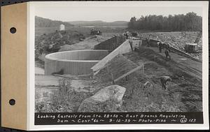 Contract No. 66, Regulating Dams, Middle Branch (New Salem), and East Branch of the Swift River, Hardwick and Petersham (formerly Dana), looking easterly from Sta. 28+50, east branch regulating dam, Hardwick, Mass., Sep. 12, 1939