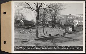 Contract No. 71, WPA Sewer Construction, Holden, looking northerly from manhole 6B4 along High School-Bascom Parkway line, Holden Sewer, Holden, Mass., Dec. 28, 1939