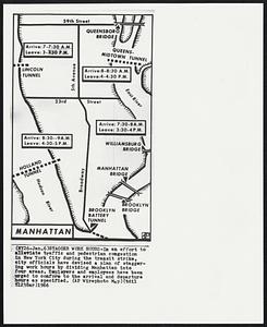 Stagger Work Hours - In an effort to alleviate traffic and pedestrian congestion in New York City during the transit strike, city officials have devised a plan of staggering work hours by dividing Manhattan into four areas. Employers and employees have been urged to conform to the arrival and departure hours as specified.