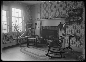 Fireplace, spinning wheel, rocking chair