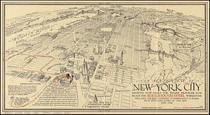 An aerial view of New York City showing how easily the weary traveler may reach the Herald Square Hotel wherein he will find the rest, comfort & hospitality to which he is entitled, even in this day and age