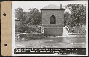Looking southerly Outlet Works Building at Shaft #1, start of diversion, West Boylston, Mass., 10:46 AM, Sep. 17, 1941