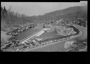 View of Winsor Dam Spillway, showing water flowing over crest, Quabbin Reservoir, Mass., ca. 1947