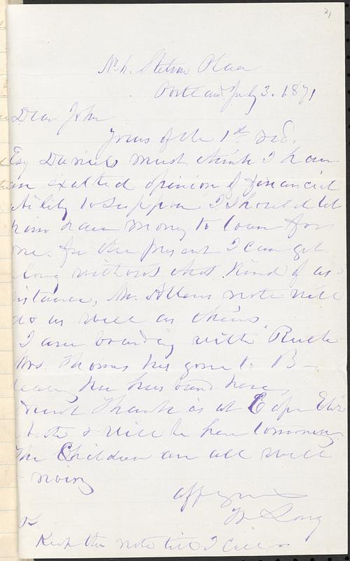 Letter from Zadoc Long to John D. Long, July 3, 1871