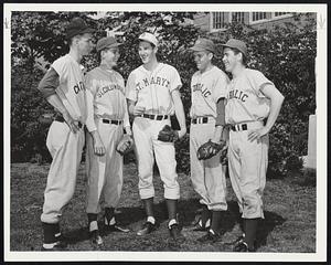 Catholic All-Stars on Display Tonight at Fenway Park. They'll be playing against the Boston Conference schoolboy All-Stars, starting at 7:30 P. M. Left to right, Tom McBride of Cathedral, Ed Buckley of St. Columbkille's, Dick Farrell of St. Mary's of Brookline, Jim Coates of Malden Catholic and Lennie Dempsey of Malden Catholic. All are pitchers, but McBride and Dempsey start tonight as outfielders.