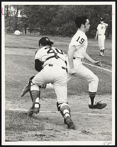 Knocking "Win" From Winchester is Woburn's Jim Lynch, who crosses plate ahead of ball (left) as Winchester catcher