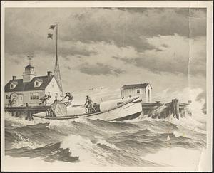 Print by Chas. Rosner (1894-1975) of a 36' U.S. Coast Guard boat in hurricane conditions (hurricane flags raised) at Nantucket Life Station, MA