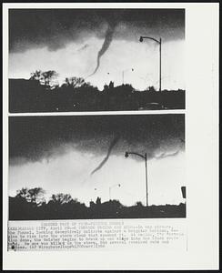 Kansas City – A tornado Begins And Ends – In top picture, the funnel, looking deceptively delicate against a brighter horizon, begins to rise into the storm cloud that spawned it. At bottom, its destruction done, the twister begins to break up and slaps into the black overhead. No one was killed in the storm, but several received cuts and bruises.
