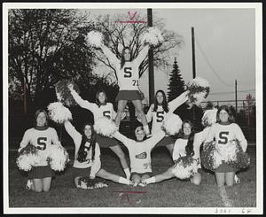 Keeping in Shape are Spaulding High cheerleaders Susan Lachance, LuAnn Turgeon, Gail Taylor, Diane Caplette, Pam Trafton, Paula Bouchard, Capt. Kwen Blanchette and Marsha Turgeon.