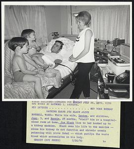 Machine Keeps Joe Black Alive. Bothell, Wash:-While his wife, Louise, and children, Joey, 3, and Bonnie, 23 months, "visit" him in a hospital-clean room at home, Joe Black lies in bed hooked up to a kidney machine. Black owes his life to the machine- since his kidney do not function and chronic uremia poisoning will prove fatal-- which purifys the waste blood which accumulates in his body