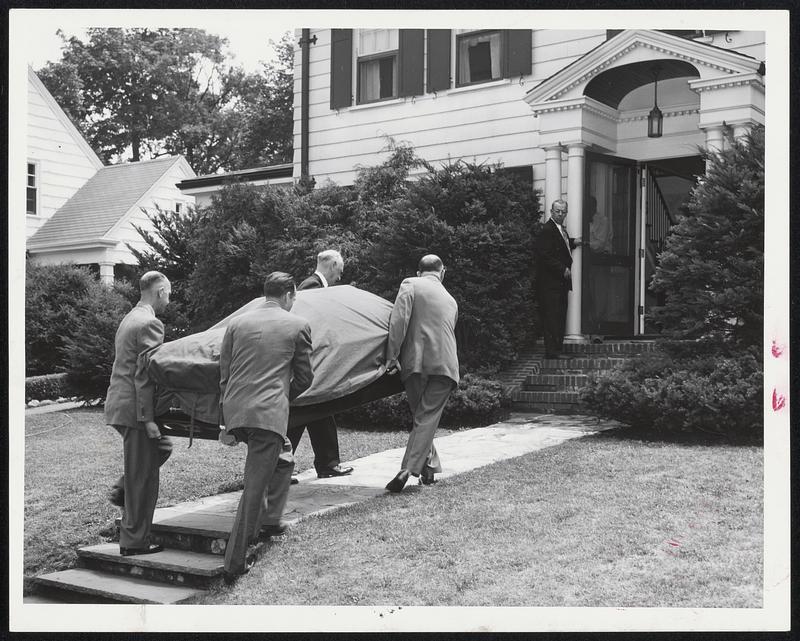 Tobin Comes Home – Casket containing body of former Labor Secretary Maurice J. Tobin is borne into his home at 30 Hopkins Rd., Jamaica Plain. Visiting hours are 2 to 10 P.M. today and tomorrow.