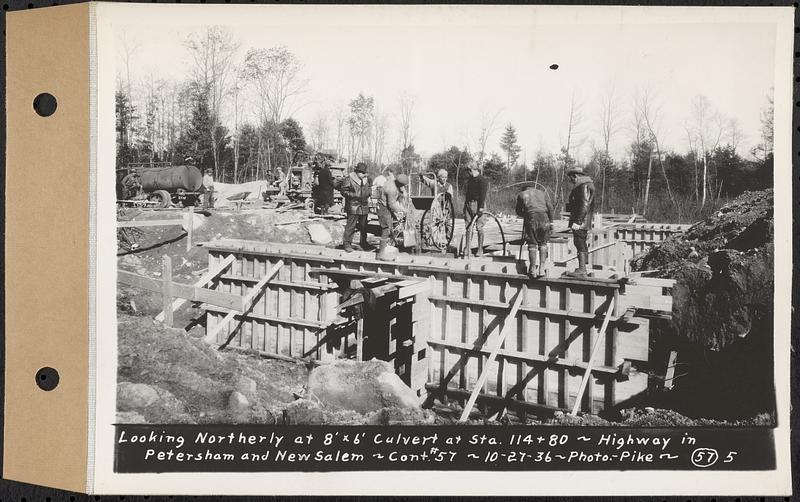 Contract No. 57, Portion of Petersham-New Salem Highway, New Salem, Franklin County, looking northerly at 8ft x 6ft culvert at Sta. 114+80, New Salem, Mass., Oct. 27, 1936