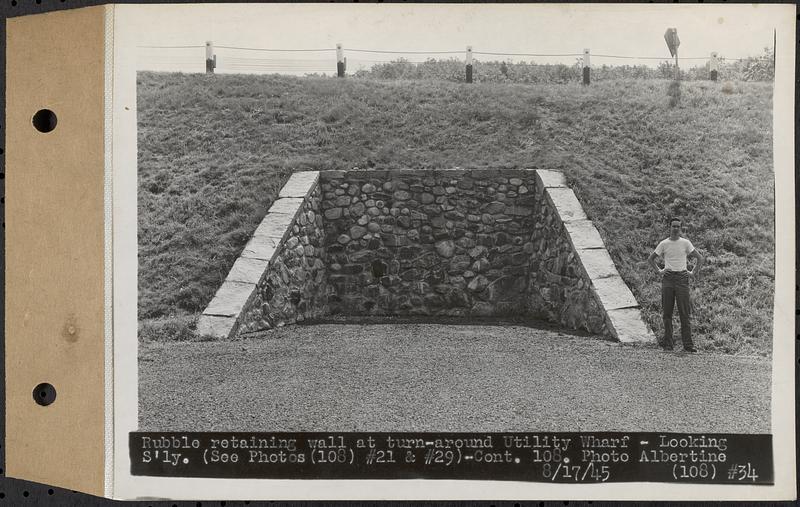 Contract No. 108, Utility Wharves, Quabbin Reservoir, Ware, rubble retaining wall at turn around utility wharf, looking southerly, Ware, Mass., Aug. 17, 1945