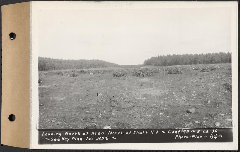 Contract No. 49, Excavating Diversion Channels, Site of Quabbin Reservoir, Dana, Hardwick, Greenwich, looking north at area north of Shaft 11A, Hardwick, Mass., Aug. 26, 1936