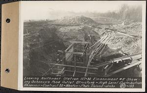 Contract No. 80, High Level Distribution Reservoir, Weston, looking northwest Sta. 107+30 embankment 5 showing Schenck's Pond outlet structure, high level distribution reservoir, Weston, Mass., Nov. 13, 1939