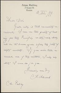 Letter from Charles Francis Adams, Boston, to Darwin C. Pavey, 1899 November 13